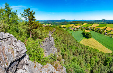 Panoramic over sandstone rocks and valley viewed from Papststein and top bird view at the hiking...
