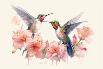 Obraz premium Two hummingbird bird with pink flower Generative AI