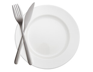 Fork and knife crossed on white plate, cut out