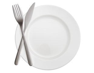Fork and knife crossed on white plate, cut out