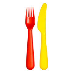 Red plastic fork and yellow plastic knife, cut out