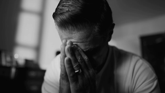 Older man struggling with trauma and loneliness. Middle-aged male person covering face looking down in shame and despair. Hopeless feeling depicted in monochrome black and white