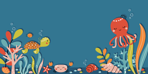 Obraz na płótnie Canvas Cute sea animals vector illustration on navy blue background. Kawaii marine creatures swimming underwater on coral reef in seaweeds - octopus, sea turtle, crab, fish