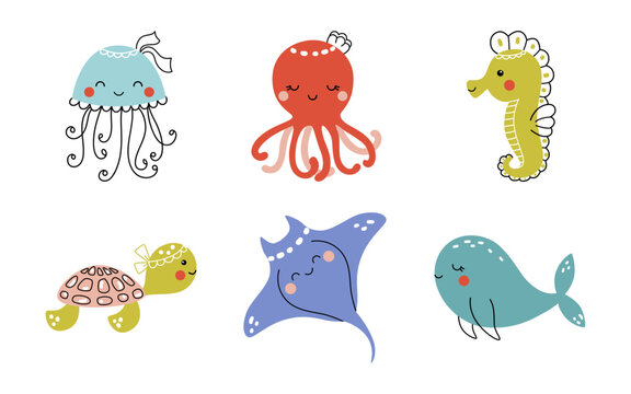 Cute vector set with sea animals - octopus, sea turtle, jellyfish, whale, seahorse, stingray. Funny children's illustration hand drawn for textile or print on any surface