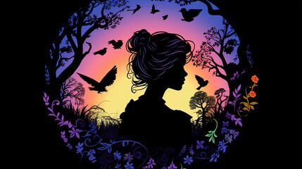 Obraz na płótnie Canvas a brave lonely woman in a cute fairytale silhouette artwork, banner style, ai generated image