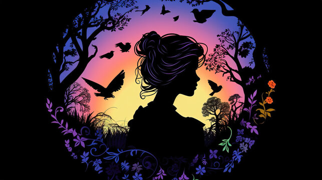 a brave lonely woman in a cute fairytale silhouette artwork, banner style, ai generated image