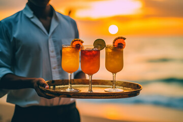 Waiter serving cocktails on a tray at sunset. Summer beach holiday vacation.