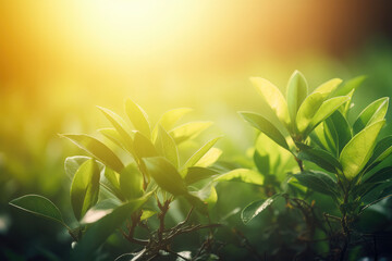 Obraz premium green tea leaves with sunlight banner background