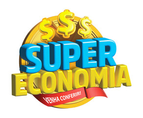 LOGO TEMA, Super economy, come check it out. Blue and yellow colors. Coins flying. Logotema, logo,...