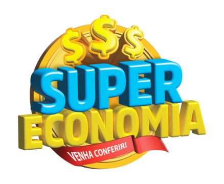 LOGO TEMA, Super economy, come check it out. Blue and yellow colors. Coins flying. Logotema, logo, offers. Super economia, promocional, ofertas, logo, tema, elementos de composição para arte. 3d ilust - Powered by Adobe