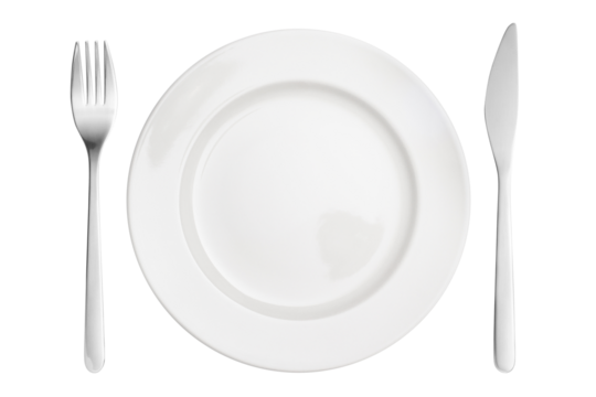 Empty plate with fork and knife, cut out