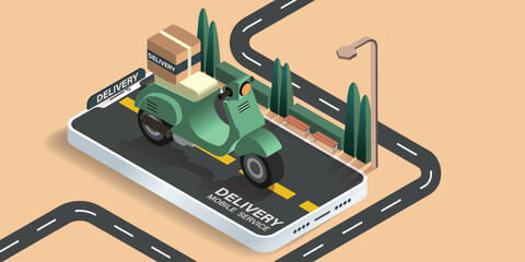 Fast delivery for shopping on mobile application.Delivery by motorcycle.Parcel boxes placed on motorcycles or motorcycles on mobile phones. Fast and Accurate Delivery Application Concept.vector 3d