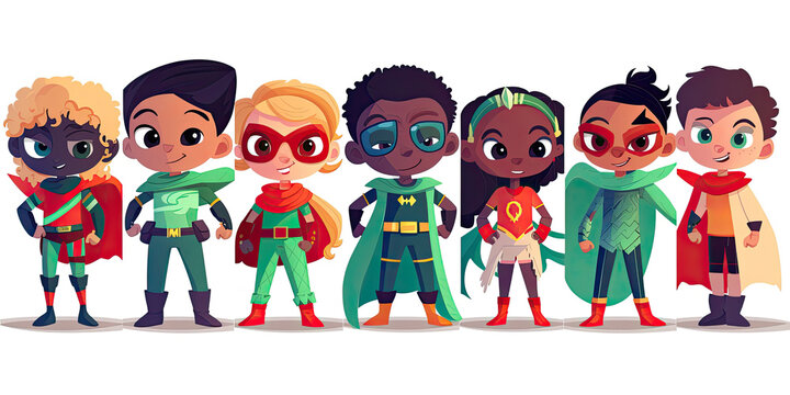 Multiethnic children superheroes on a white background. Generative ai.
