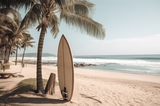Surfboard on a tropical beach. Generative ai.