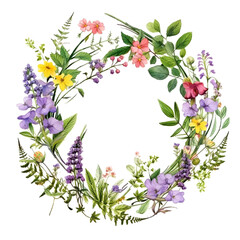 Wreath of wild spring flowers on white background, created with generative AI