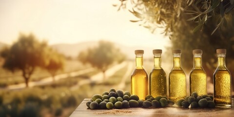 Golden olive oil bottles, leaves and fruits, rural background, wide banner with copy space area - Generative AI