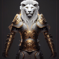 Anthropomorphic majestic white king lion knight portrait is fine 3D render model.