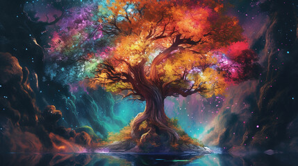 magical beautiful colored shining giant fairytale tree, ai generated image