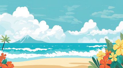 a beautiful cartoon inspired beach scene with waves, ai generated image