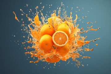 Water splash and fruits isolated, orange juice splash, refreshing, citrus, fruit beverage, liquid refreshment, thirst quencher, juicy, vibrant, energetic