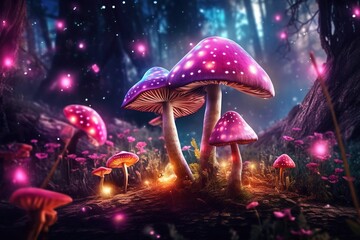 Magic mushrooms in the forest at night, Fantasy magic landscape.Generative Ai