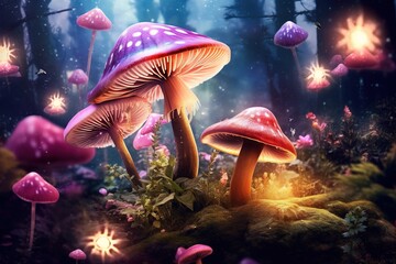 Fototapeta na wymiar Magic mushrooms in the forest at night, Fantasy magic landscape.Generative Ai