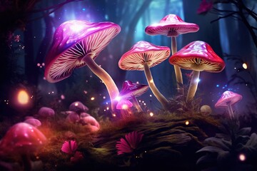 Obraz na płótnie Canvas Magic mushrooms in the forest at night, Fantasy magic landscape.Generative Ai