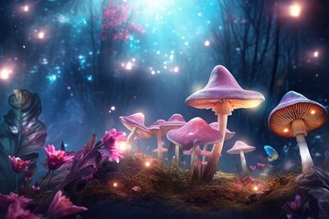 Magic mushrooms in the forest at night, Fantasy magic landscape.Generative Ai