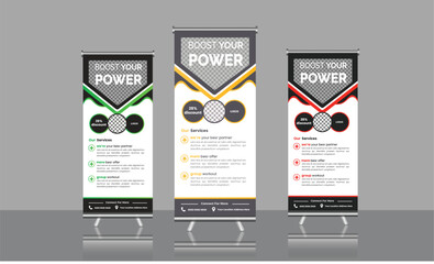 Build your body strong, Fitness Gym rollup Stand banner, Retractable banner, Magazine design with three variant vector templates, Flyer, Poster, Flag Banner,