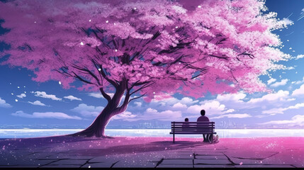 a calm beautiful freedom inspired cherry tree illustration with a man sitting on a bench with his child, ai generated image