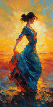 a beautiful sunset scene of a woman in a dancing dress, oil paintign artstyle, ai generated image