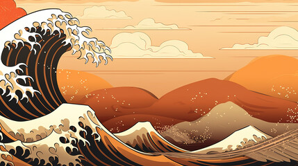 waves off kanagawa in a vintage inspired wallpaper, ai generated image
