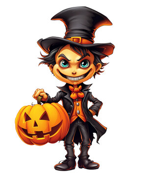 Halloween witch with pumpkin cartoon, isolated on white or transparent. Generative AI