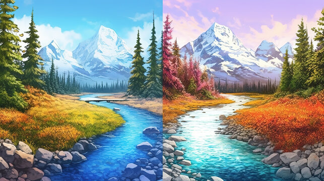a realistic fantasy inspired season changing landscape artwork, ai generated image