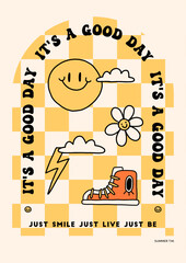 Groovy bright retro summer poster template. Elements: smile, photo camera, daisy, heart sunglasses. Vintage vibe lettering, colorful retro background. Vector card, cool cartoon doodle style design