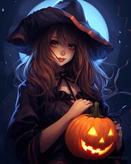 Cute halloween witch holding pumpkin, Generated by AI