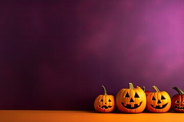 Halloween pumpkins on violet background with copy space for text information. Generated by AI