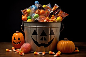 Halloween Jack o Lantern candy collector filled with candy over on black background