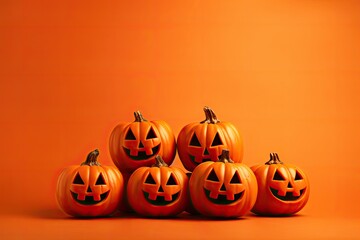 Halloween pumpkins on orange background with copy space for text information. Generated by AI