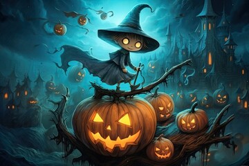 Little girl witch on the halloween pumpkin illustration, Happy halloween poster. Generative by AI
