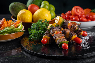 barbecue, BBQ skewers meat and vegetables, Barbecue dinner and roast pork at night