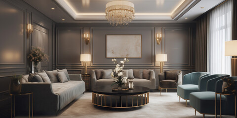 Luxury modern home, living room, architecture and real estate inspiration concept