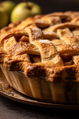 Beautiful close-up of delicious apple pie on a table indoors, made with generative AI