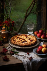 Beautiful close-up of delicious apple pie on a dining table indoors, made with generative AI