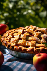 Beautiful close-up of delicious apple pie on a picnic blanket, made with generative AI