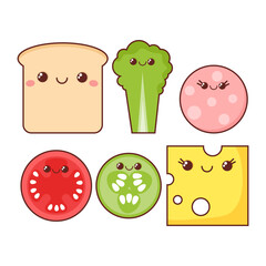 Kawaii sandwich ingredients set
