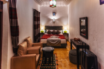 View of loft bedroom at private riad in Marrakech
