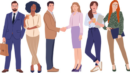 Business people set. Vector illustration in flat cartoon style of woman and man of different nationalities in  business clothes. Shaking hands. Isolated on white background.