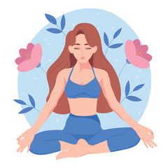 Self care concept. Woman doing yoga. Woman meditating in a lotus pose. Inner harmony with yourself. Take time for your self.
Healthy lifestyle concept. Colorful vector flat illustration.