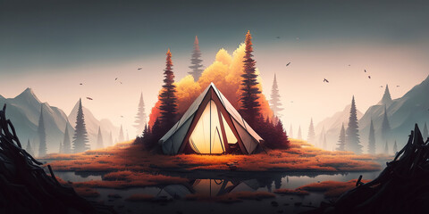 Ai generated illustration camping in a dark foggy forest.